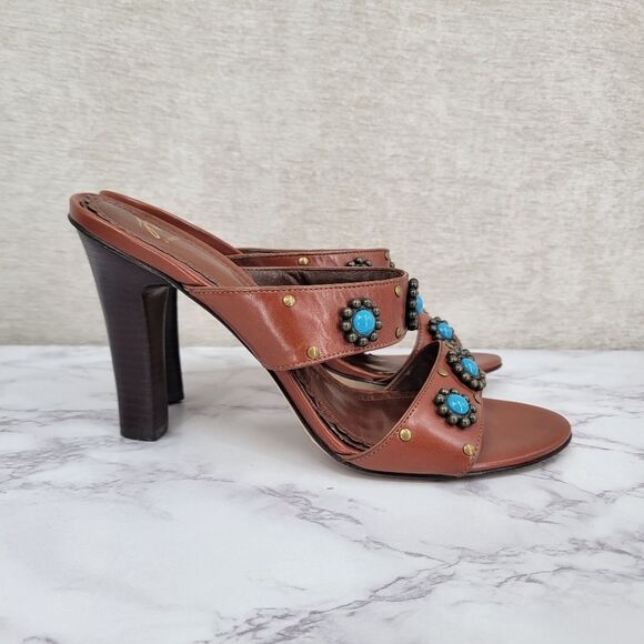 J Vincent Brown Heeled Sandals with Faux Turquoise Brass Studs Accents - Picture 1 of 12